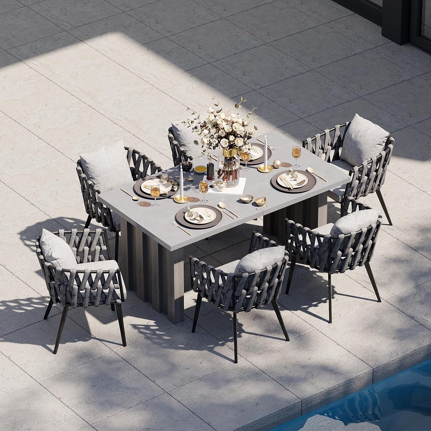 homary 7 Piece Outdoor Patio Dining Table Set, Aluminum Patio Dining Table Set with Extendable Table Top & 6 Woven Arm Chairs, Weatherproof Garden Furniture with Cushions for Backyard, Patio or Deck