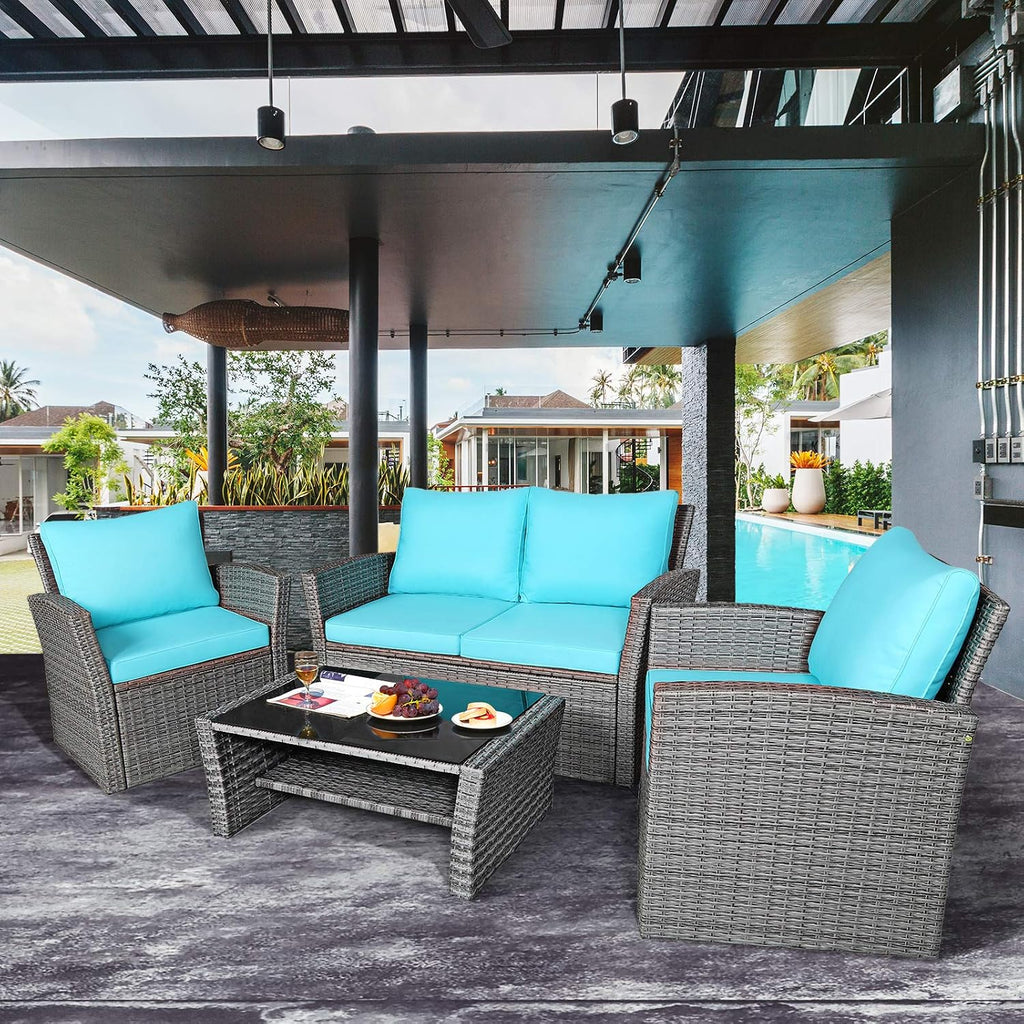 COSTWAY 4 Pieces Patio Rattan Furniture Set, Outdoor Wicker Sofa Set with Tempered Glass Coffee Table, Cushions, All Weather Rattan Conversation Set for Yard Balcony Backyard Pool (Turquoise)