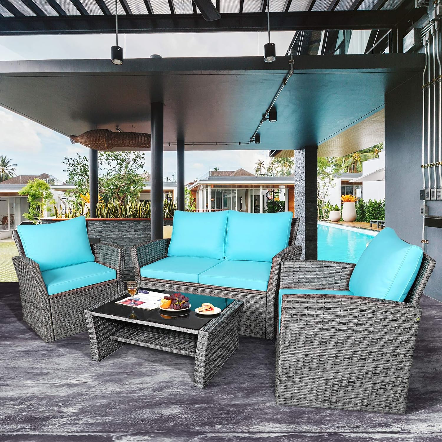COSTWAY 4 Pieces Patio Rattan Furniture Set, Outdoor Wicker Sofa Set with Tempered Glass Coffee Table, Cushions, All Weather Rattan Conversation Set for Yard Balcony Backyard Pool (Turquoise)