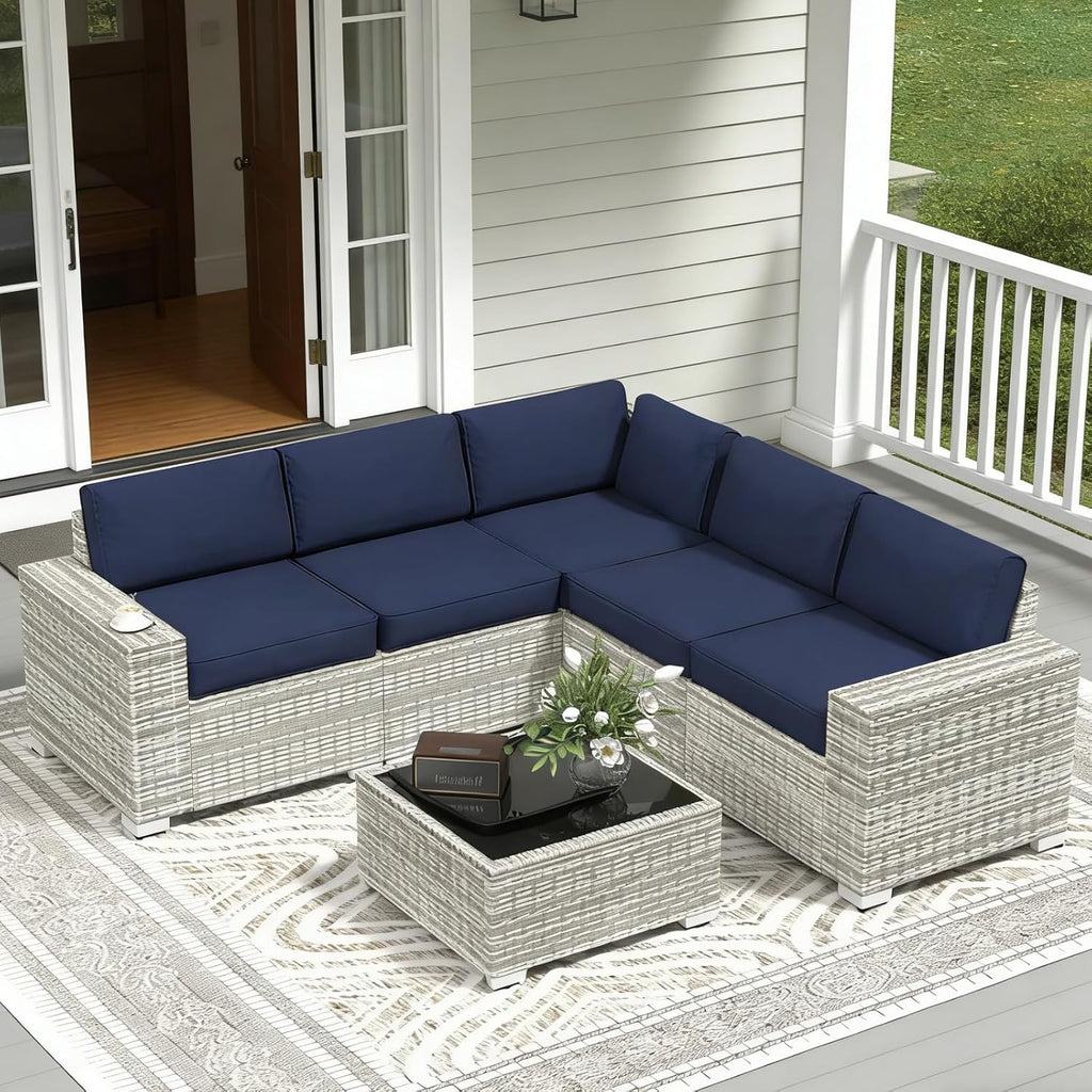 SHGJ&SOFT 6pcs Outdoor Patio Furniture Set, Waterproof Wicker Outdoor Sectional Couch with Thick Cushions, All-Weather Rattan Sectional Sofa