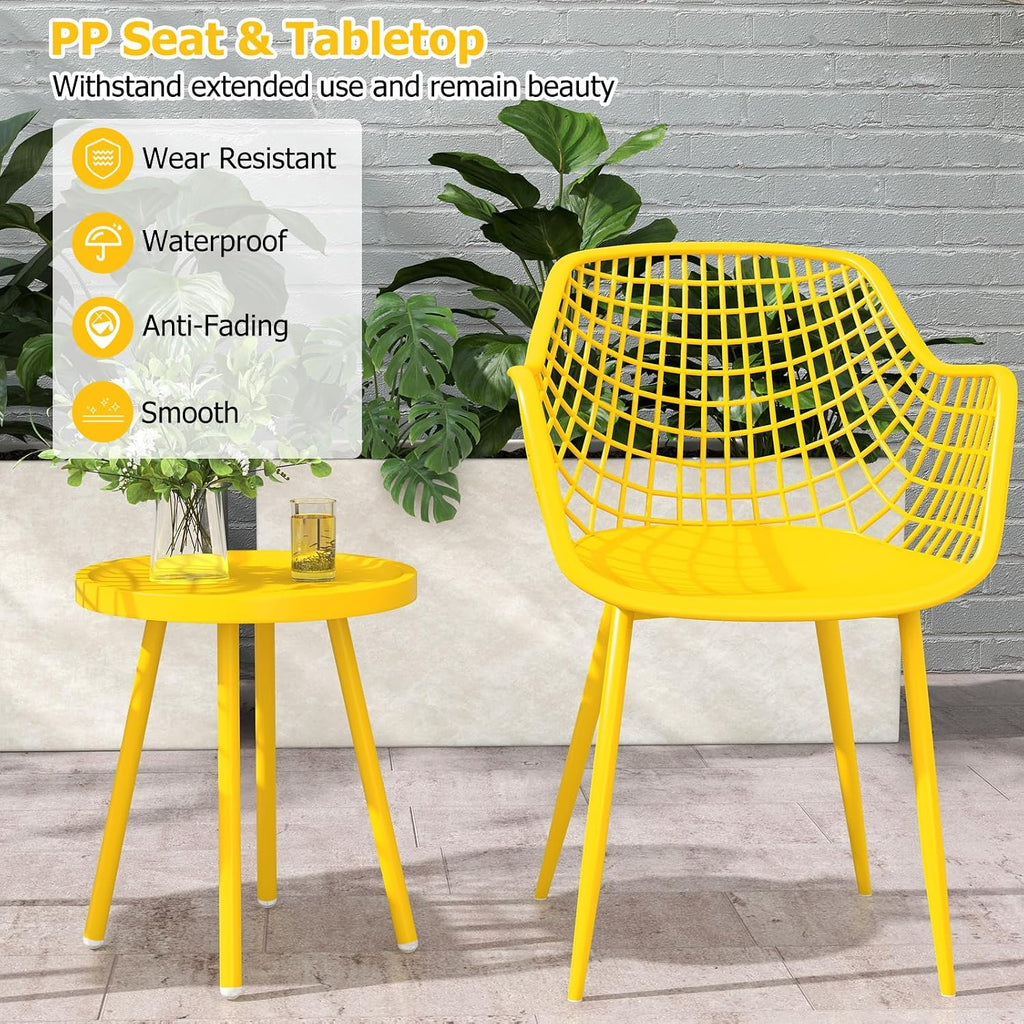 Giantex 3 Piece Patio Furniture Set, Outdoor Bistro Table and Chairs Set of 2, PP Seat & Metal Legs, Small Conversation Set for Balcony Front Porch Deck Backyard Lawn (Lemon Yellow)