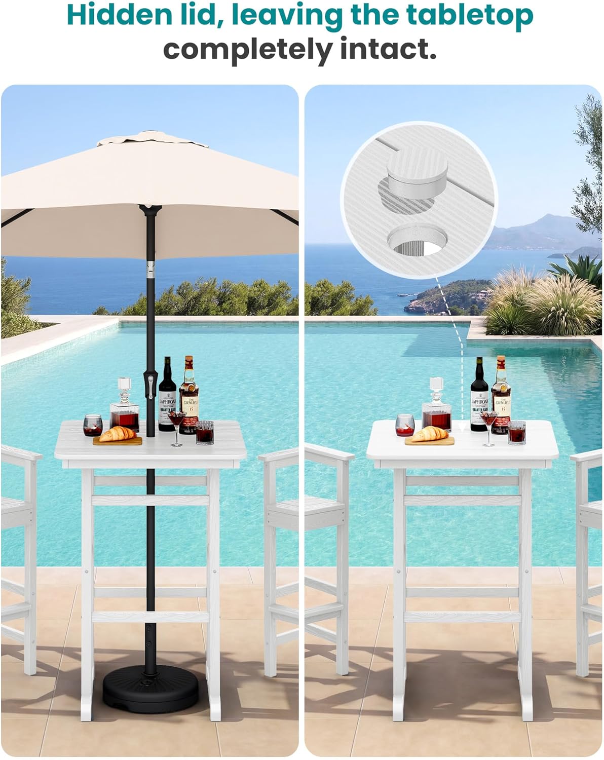 SERWALL 4 Pieces Outdoor Patio Bar Set with 9ft Umbrella, Outdoor HDPE Barstool and Table Furniture Set with Patio Umbrella, White