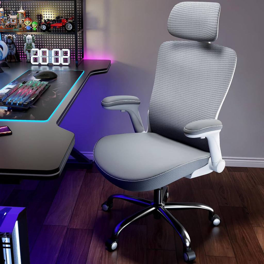 Ergalithic Ergonomic Office Chair-Computer X-Shaped Chair Mesh PU Leather with Adjustable Lumbar Support-Executive Desk Chair High Back with Headrest Flip-Up Arms for Long Hours (White-Grey)