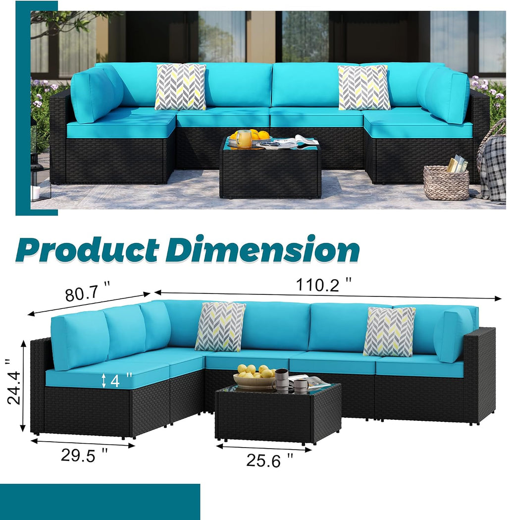 SUNLEI 7pcs Patio Conversation Sets Outdoor Furniture Sets, High Back All-Weather Rattan Sectional Sofa with Tea Table&Washable Couch Cushions(Black Rattan)（Blue）