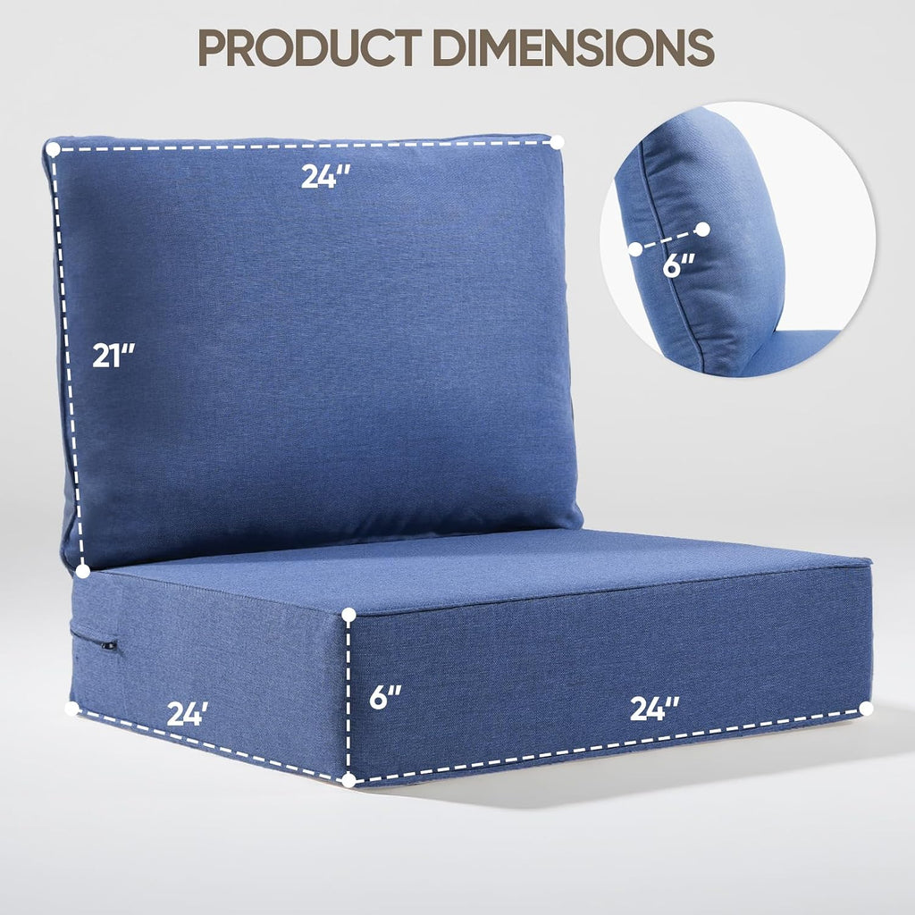 6' Thick Outdoor Cushion, 24*24*6' Patio Furniture Cushions with Waterproof Patio Furniture Cushions with Removable Cover, 28D High Density Patio Cushion for Outdoor Furniture, Blue-4pcs