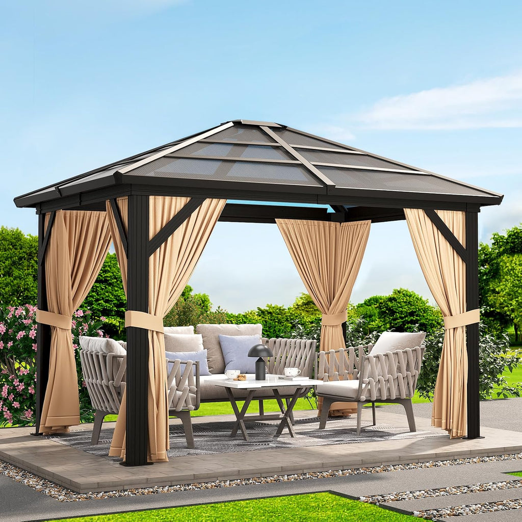 GAOMON 10x12ft Gazebo, Hardtop Outdoor Canopy Aluminum Frame Permanent Gazebo with Netting and Curtains, Polycarbonate Garden Tent for Patio, Lawn, Backyard, Deck (10'x12')
