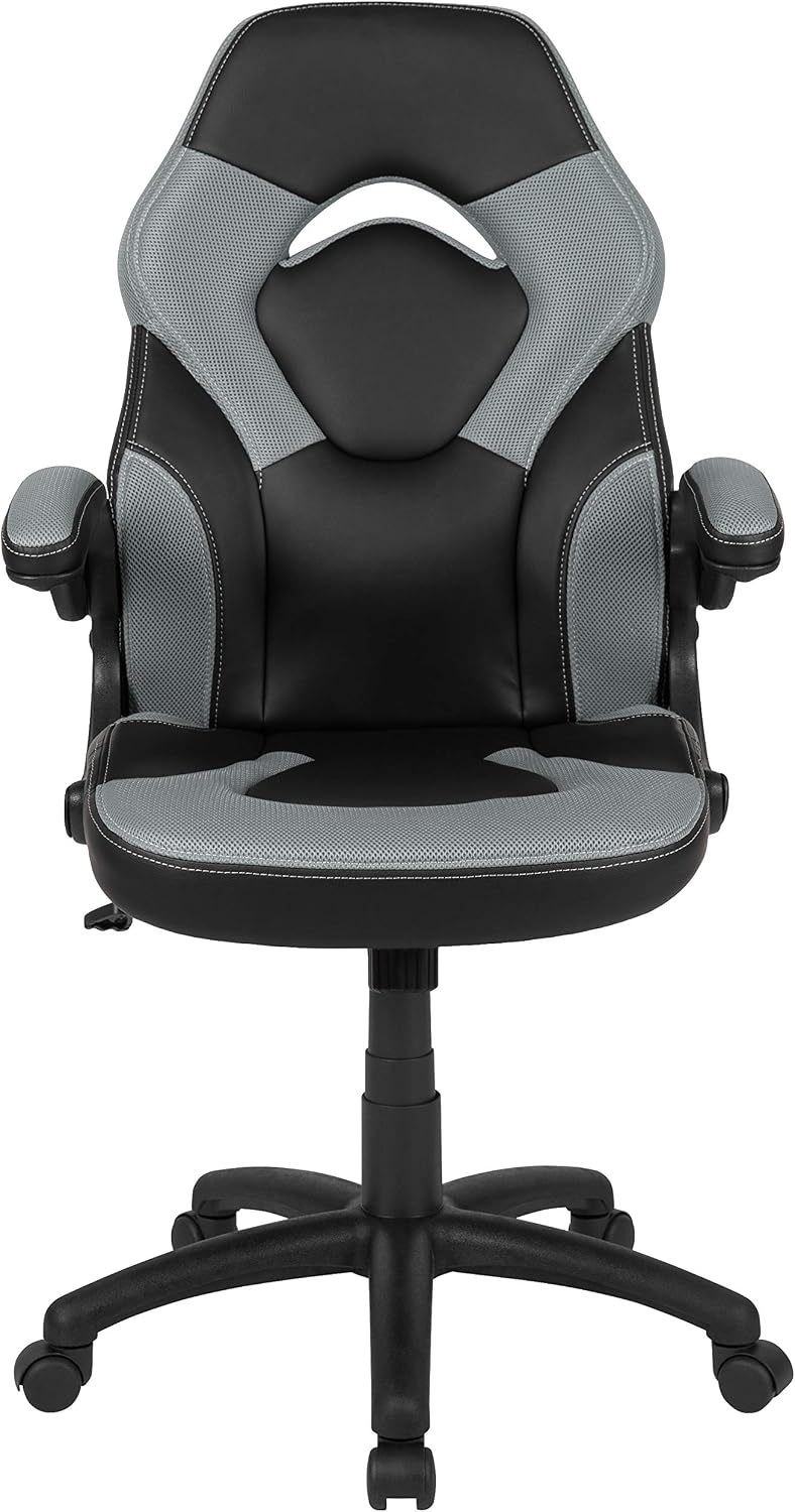 Flash Furniture X10 High-Back LeatherSoft Racing Style Gaming Chair with Flip-Up Arms, Ergonomic Padded Swivel Computer Chair, Gray/Black
