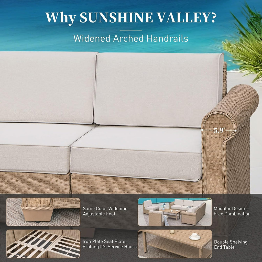 SUNSHINE VALLEY Patio Furniture Set, Sectional Wicker Outdoor Furniture with Fire Pit Table, 5.5' Thick Waterproof Cushion Modular Conversation 5 Pieces Sofa Set for Garden Deck Backyard, Beige