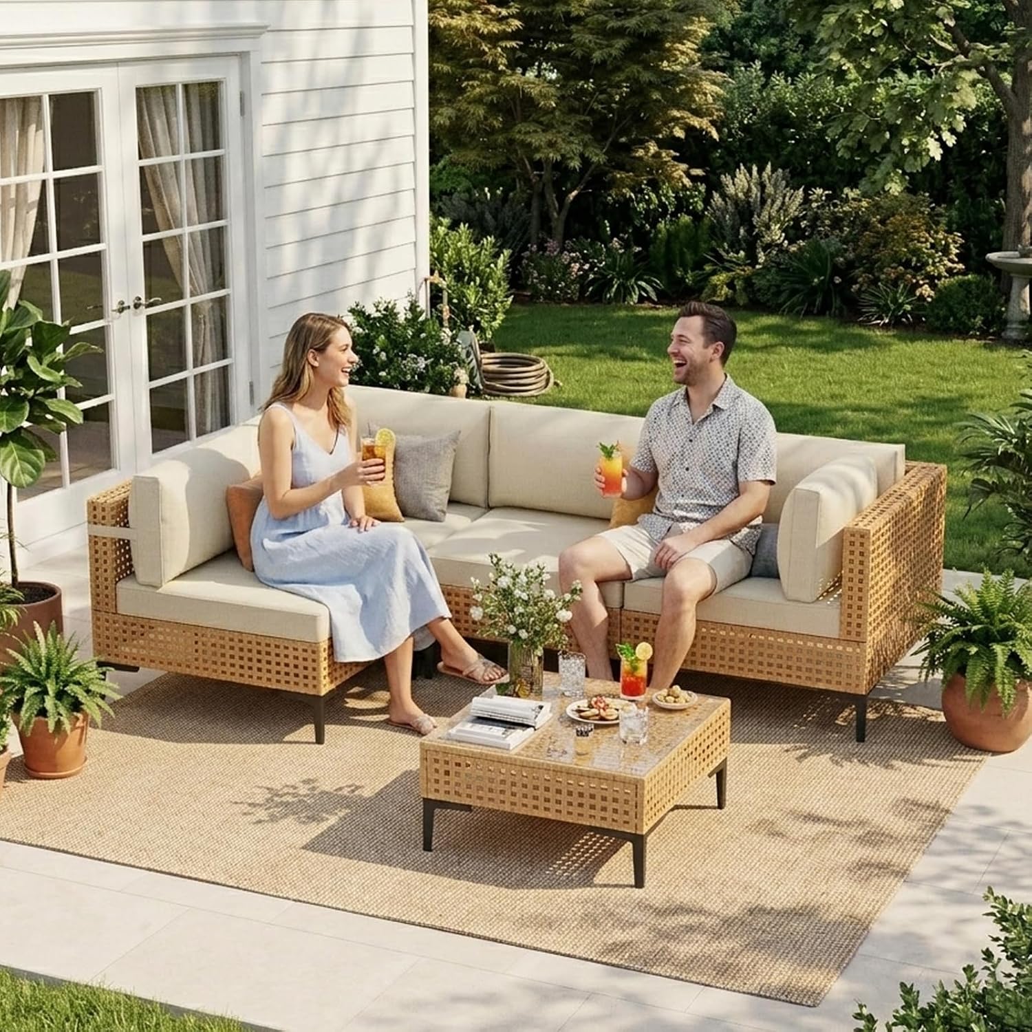 ABCASA Patio Furniture Set, 5-Piece Wicker Outdoor Patio Furniture Sets with Anti-Slip Cushions & Coffee Table,Boho Patio Conversation Set Sectional Sofa for Backyard,Porch,Beige