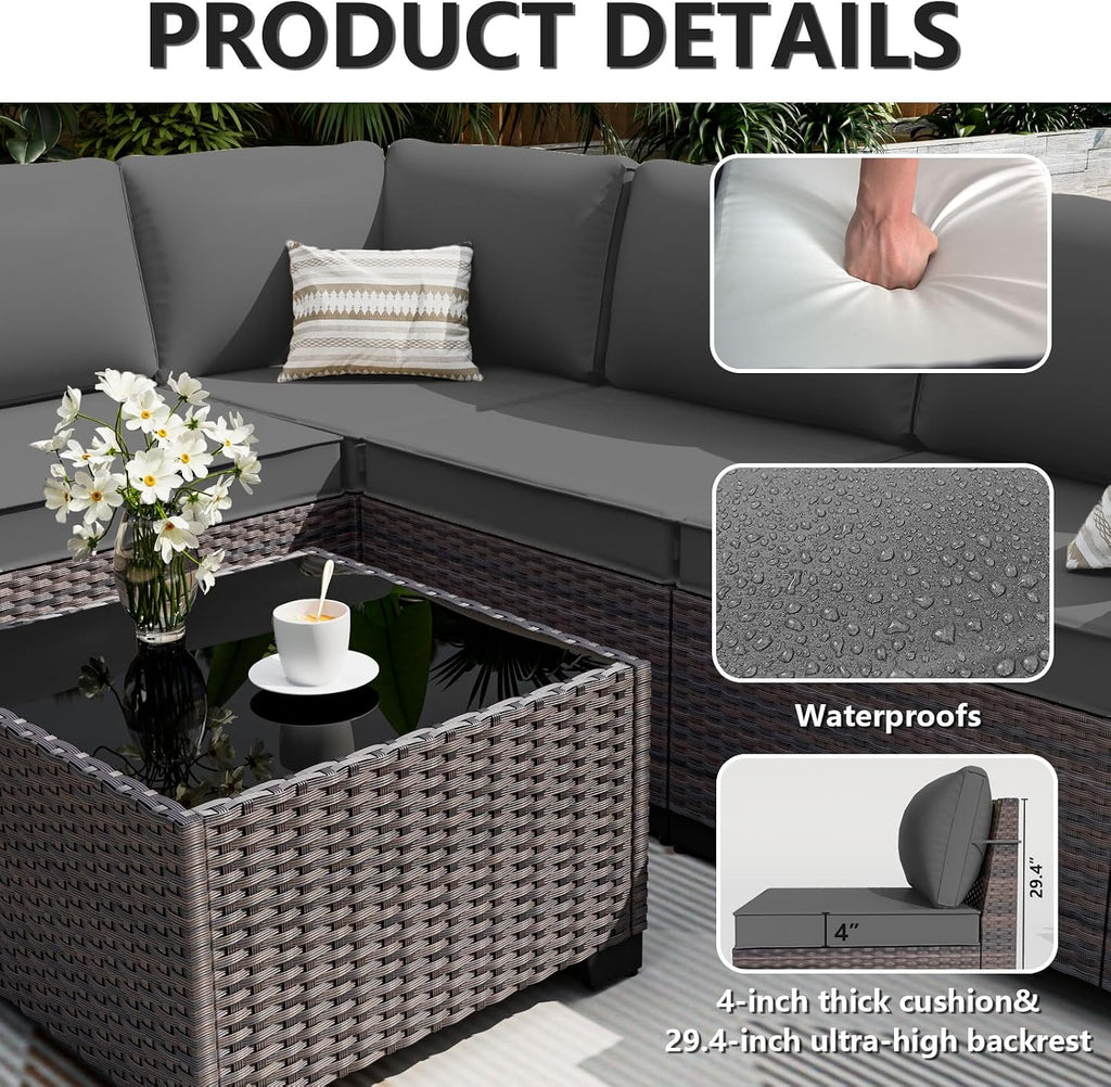 ALAULM 10 Pieces Outdoor Patio Furniture Set with 2 Swivel Chairs Outdoor Furniture Patio Sectional Sofas with 55000 Gas Fire Pit Patio Conversation Set w/7 Cushions-Grey