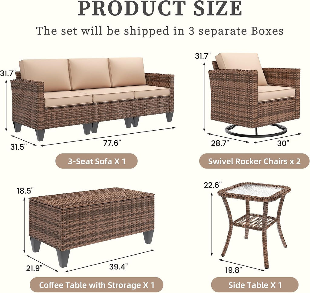 UDPATIO Patio Furniture Set, 5 Pieces Outdoor Conversation Sets with Rocking Swivel Chairs, Wicker Rattan Outdoor Sofa Set with Storage Table and Waterproof Covers for Backyard, Deck, Porch, Khaki