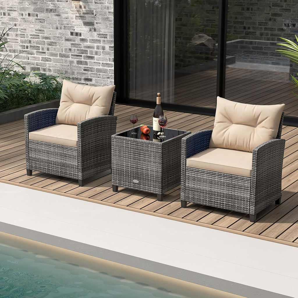 RELAX4LIFE 3 Piece Patio Furniture Set, Wicker Bistro Conversation Set w/2 Cushioned Armchairs & Glass Topped Table, Outdoor Rattan Sofa Set Patio Furniture for Porch Balcony Poolside (Grey-Beige)