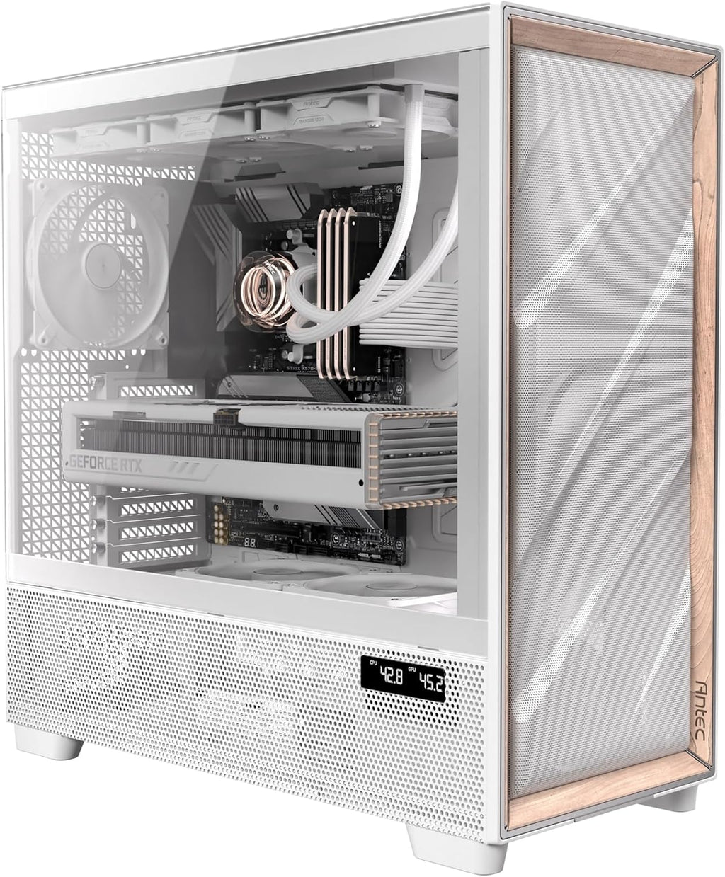 Antec Flux Pro White, 6 x PWM Fans Included, High-Airflow Front Panel with Birch Wood, iShift PSU 90° Mount, USB3.0 x 2, Type-C, 420mm Radiator Support, Temp. Display, Full-Tower E-ATX PC Case