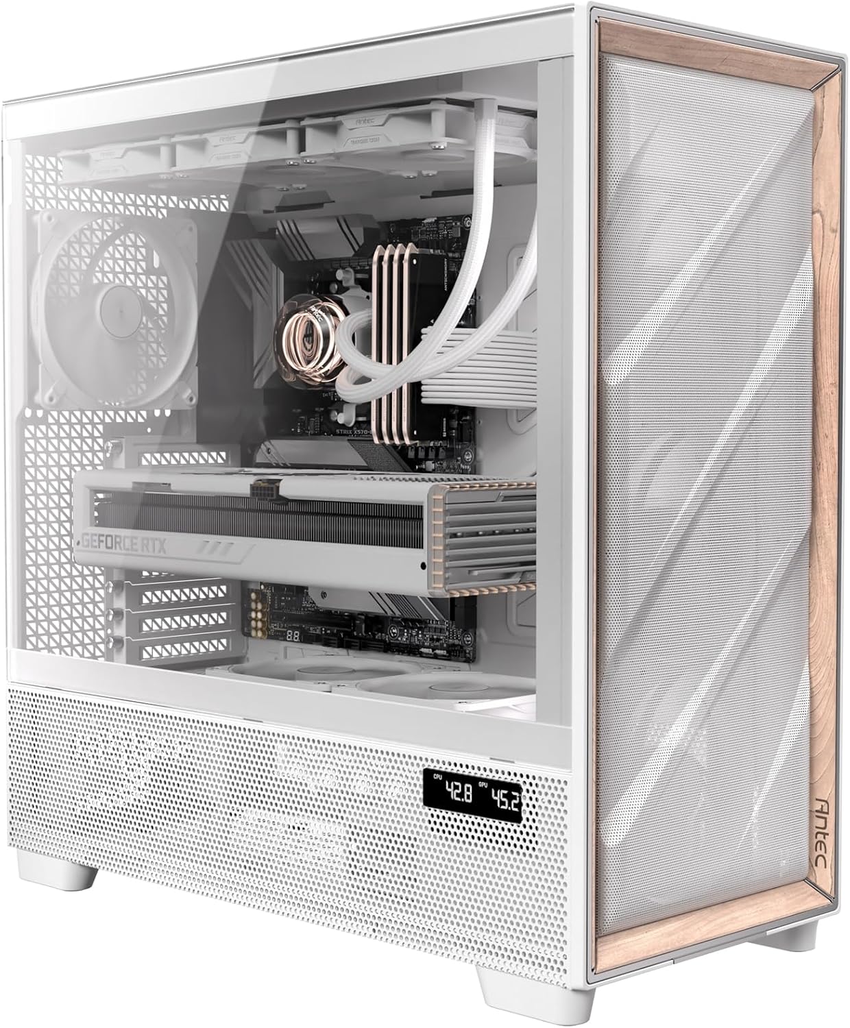 Antec Flux Pro White, 6 x PWM Fans Included, High-Airflow Front Panel with Birch Wood, iShift PSU 90° Mount, USB3.0 x 2, Type-C, 420mm Radiator Support, Temp. Display, Full-Tower E-ATX PC Case