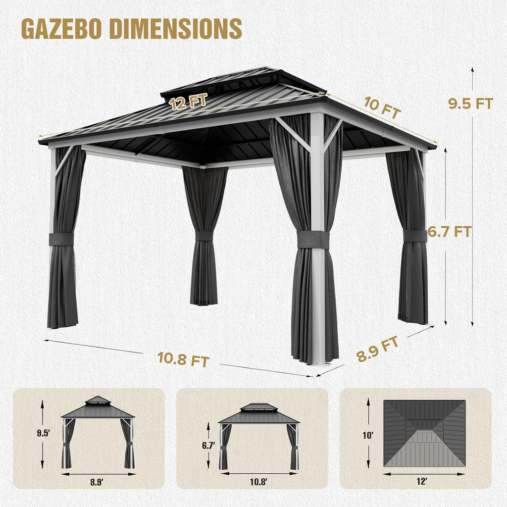 COOS BAY 12x10 Hardtop Gazebo with Aluminum Frame, Galvanized Steel Roof with UV Protection for Patio, Backyard, Garden, Outdoor Events, White/Gray