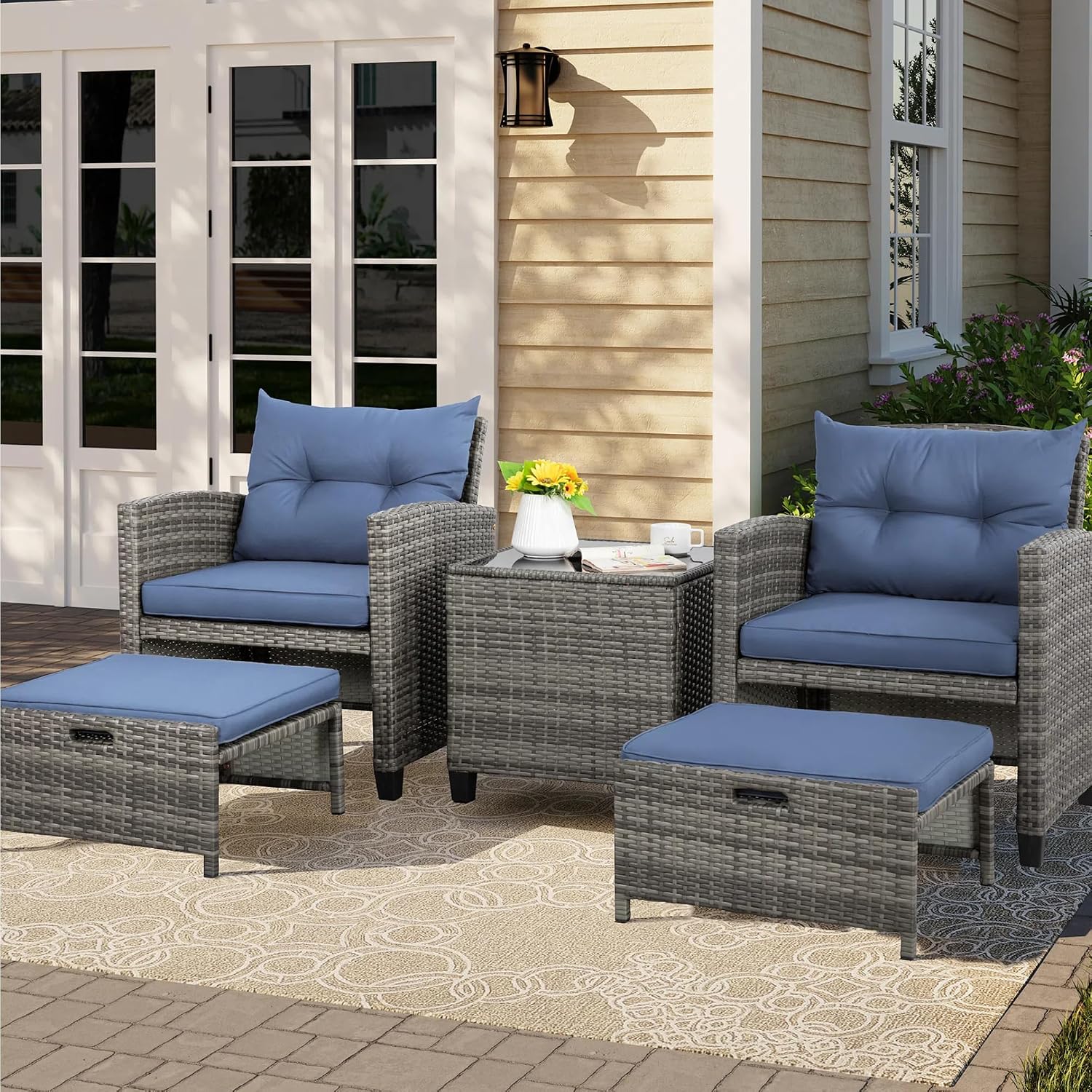 Vongrasig 5 Piece Patio Furniture Set, Small Balcony Furniture, PE Wicker Rattan Patio Chairs Set of 2, Outdoor Lounge Chairs with Cushions Ottomans &Glass Table for Porch Garden(Navy Blue)