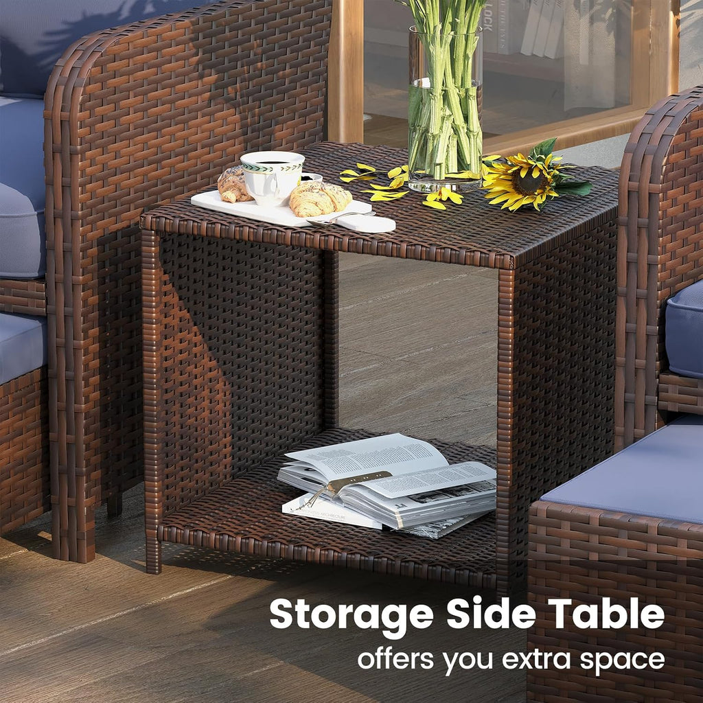 UDPATIO Balcony Furniture Patio Chairs with Hidden Ottoman 5 Piece Patio Furniture Set with Side Table for Front Porch, Blue Cushion