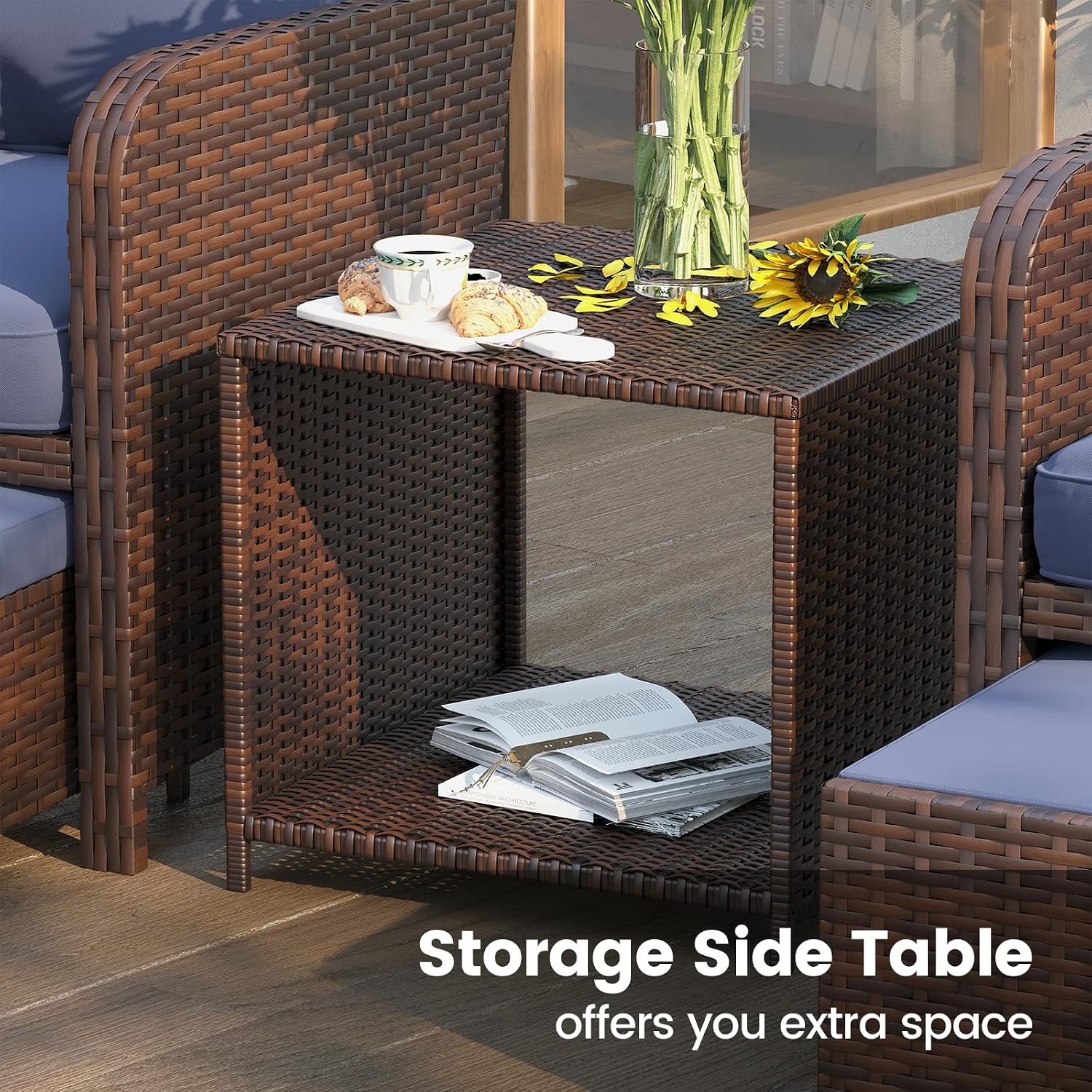 UDPATIO Balcony Furniture Patio Chairs with Hidden Ottoman 5 Piece Patio Furniture Set with Side Table for Front Porch, Blue Cushion