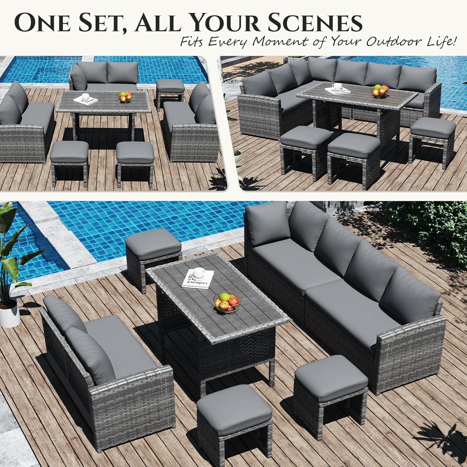 U-MAX 7 Pieces Patio Furniture Set, Outdoor Sectional Sofa Conversation Set, All Weather Wicker Rattan Dining Table & Chair with Ottoman, Grey Rattan&Grey Cushion