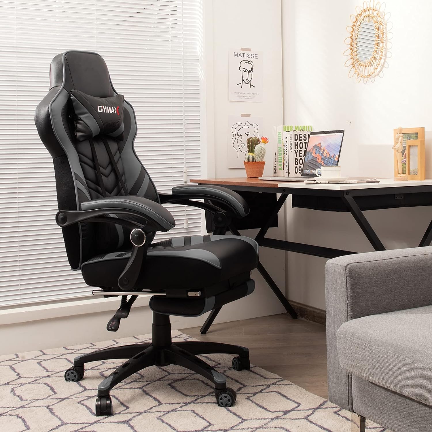 GYMAX Gaming Chair, Ergonomic Computer Chair with Footrest, Linkage Armrests & Lumbar Cushion, Big Wide High Back Video Gaming Chair, Reclining Office Rolling Chair for Adult/Teens (Gray)