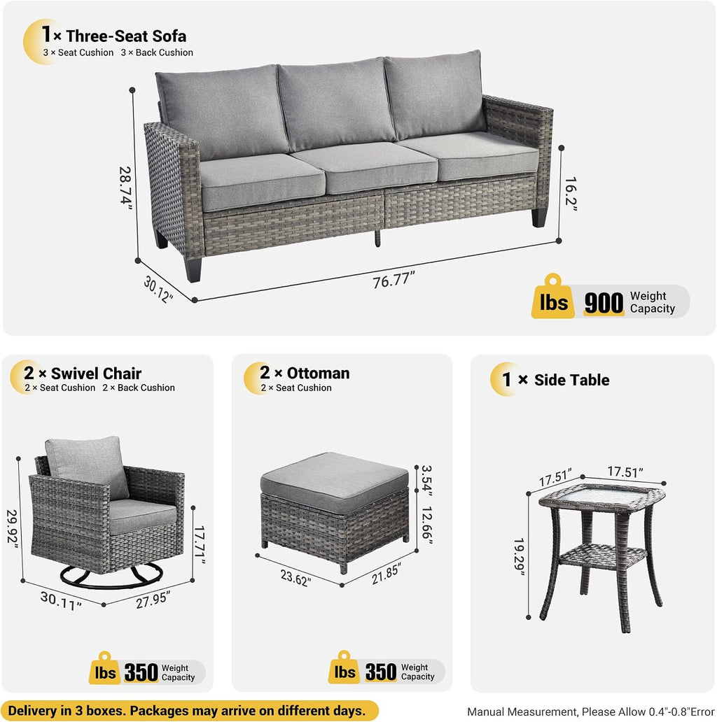 ovios 6 Pieces Patio Furniture Set, Outdoor Wicker Sofa Couch with Swivel Chairs, Rocking Glider Rocker with Comfy Cushions All Weather Rattan Conversation Set, Dark Grey