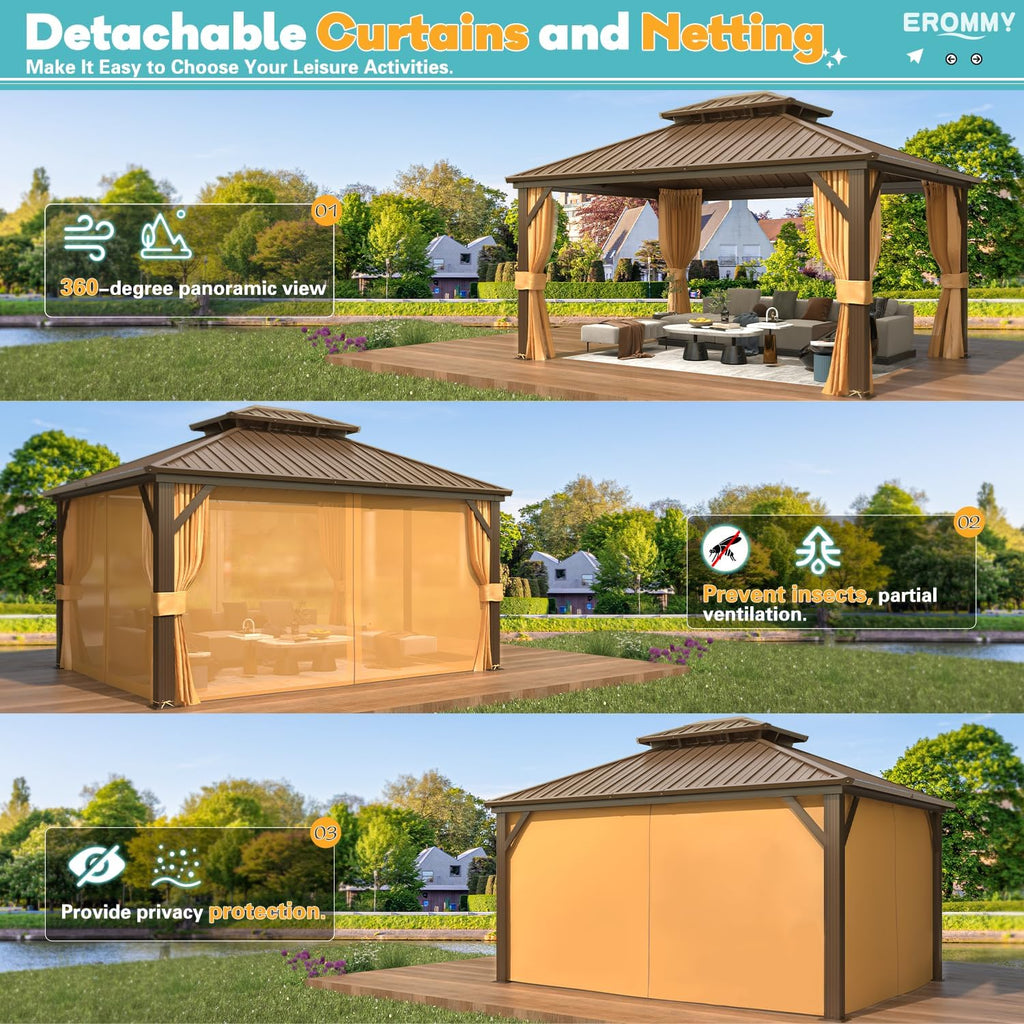 EROMMY 12'x14' Gazebo Hardtop, Galvanized Steel Double Roof Metal Gazebo with Aluminum Frame, Permanent Outdoor Pavilion with Curtain and Netting for Patio, Lawn and Garden, Brown
