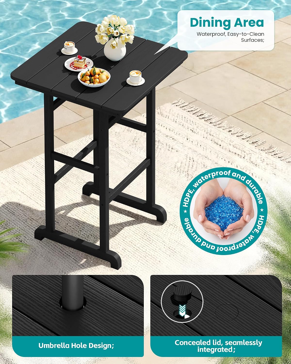 SERWALL 5-Piece Adirondack Bar Chairs Set, HDPE Adirondack Barstools with Pub Table, Outdoor Patio Bar Furniture for Bistro, Balcony, Poolside, Garden - Black