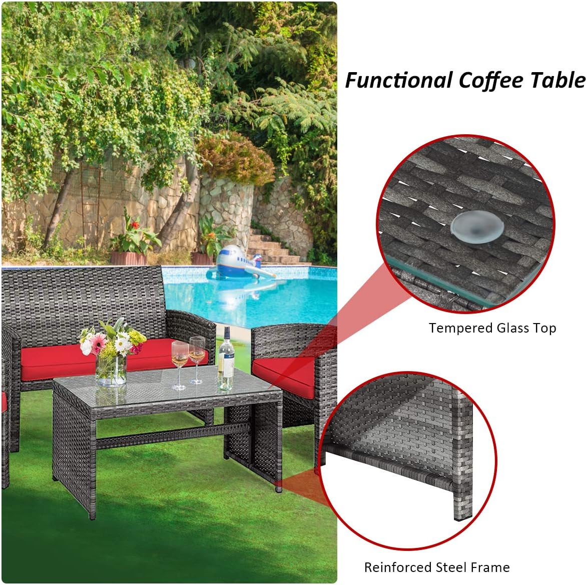 COSTWAY Patio Furniture Set 4 Pieces, Outdoor Wicker Chairs Sofa w/Coffee Table and Soft Cushions, Rattan Conversation Sets for Patio Lawn Backyard Yard Pool Garden, Red