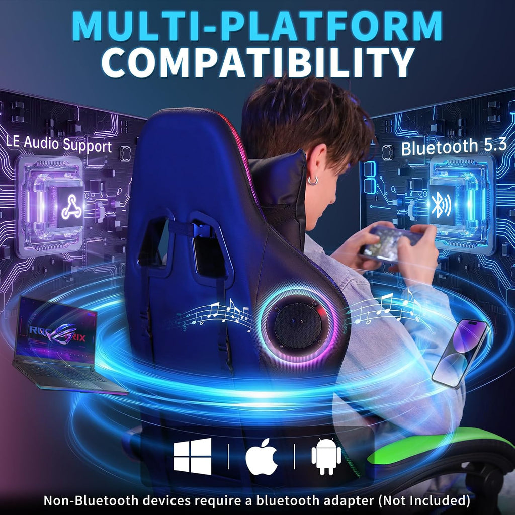Gaming Chair with Bluetooth Speakers and RGB LED Lights Ergonomic Massage Computer Gaming Chair with Footrest Video Game Chair High Back with Lumbar Support Light Green and Black