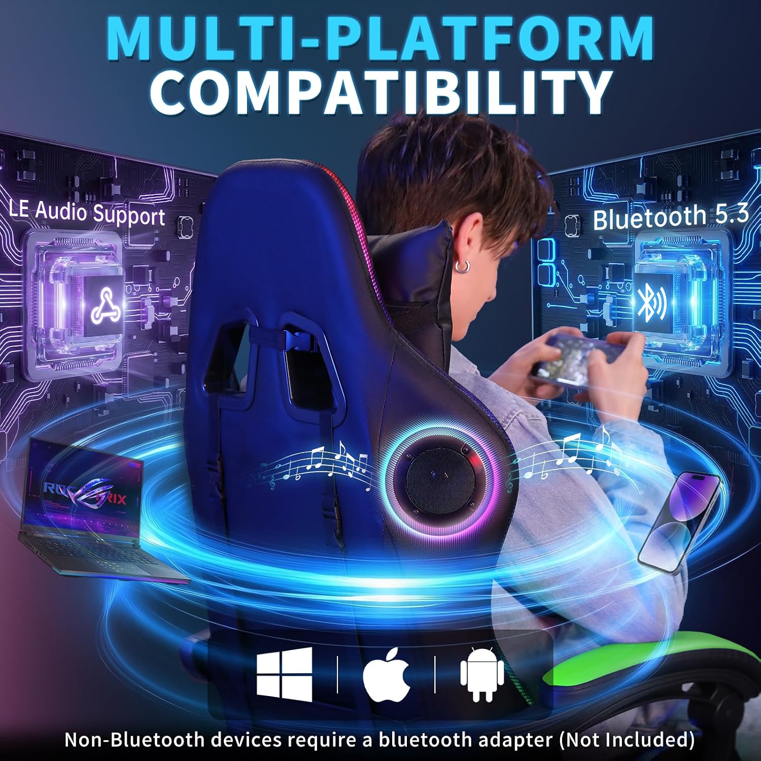 Gaming Chair with Bluetooth Speakers and RGB LED Lights Ergonomic Massage Computer Gaming Chair with Footrest Video Game Chair High Back with Lumbar Support Light Green and Black