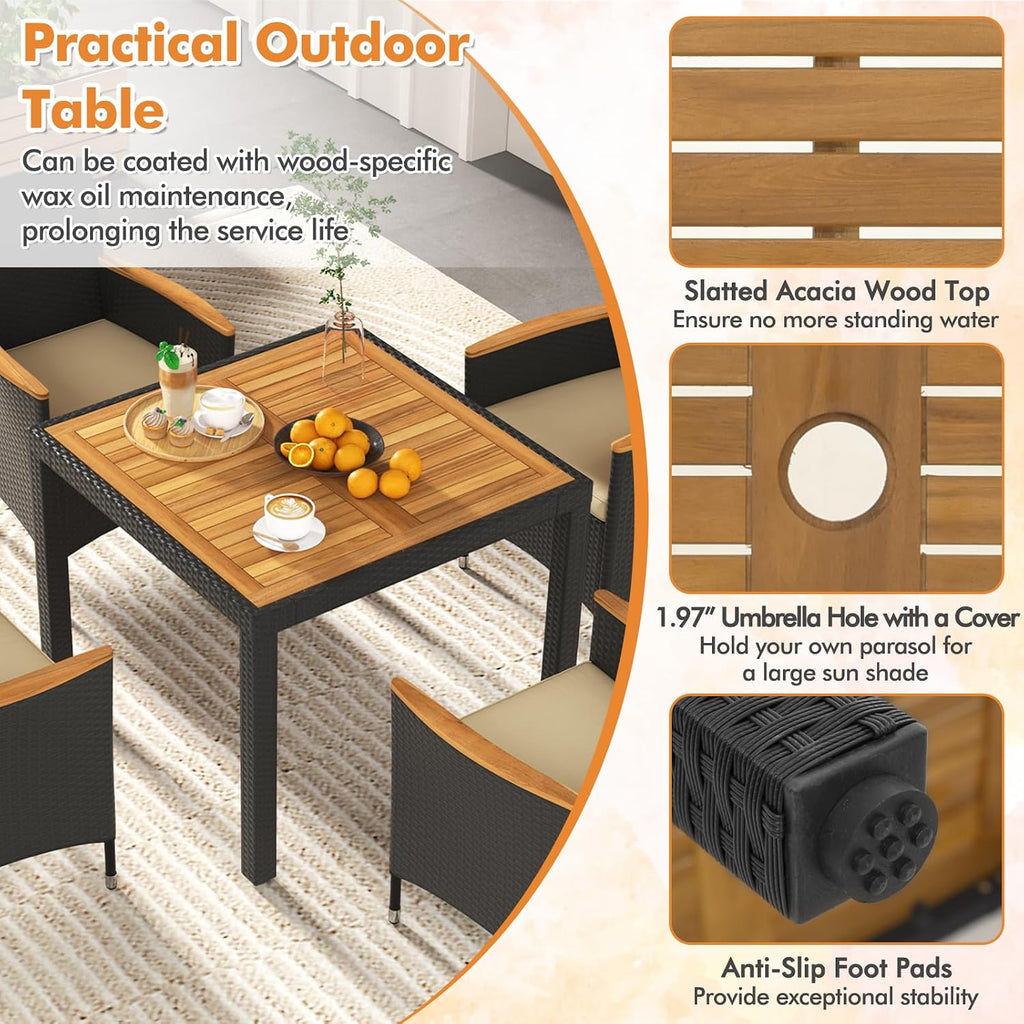 COSTWAY 5-Piece Patio Dining Set for 4, Outdoor Rattan Wicker Table and Chairs Furniture Set with Umbrella Hole, Acacia Wood Tabletop for Backyard, Balcony, Poolside, Black & Beige