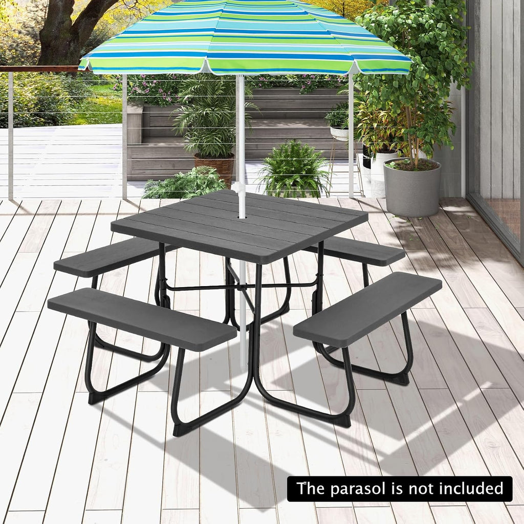 Giantex Picnic Table Bench Set for 8 Persons, Square Outdoor Table with Umbrella Hole, HDPE Top & Metal Frame, 2000LBS Capacity, Patio Table Bench Set for Deck Backyard Garden, Black