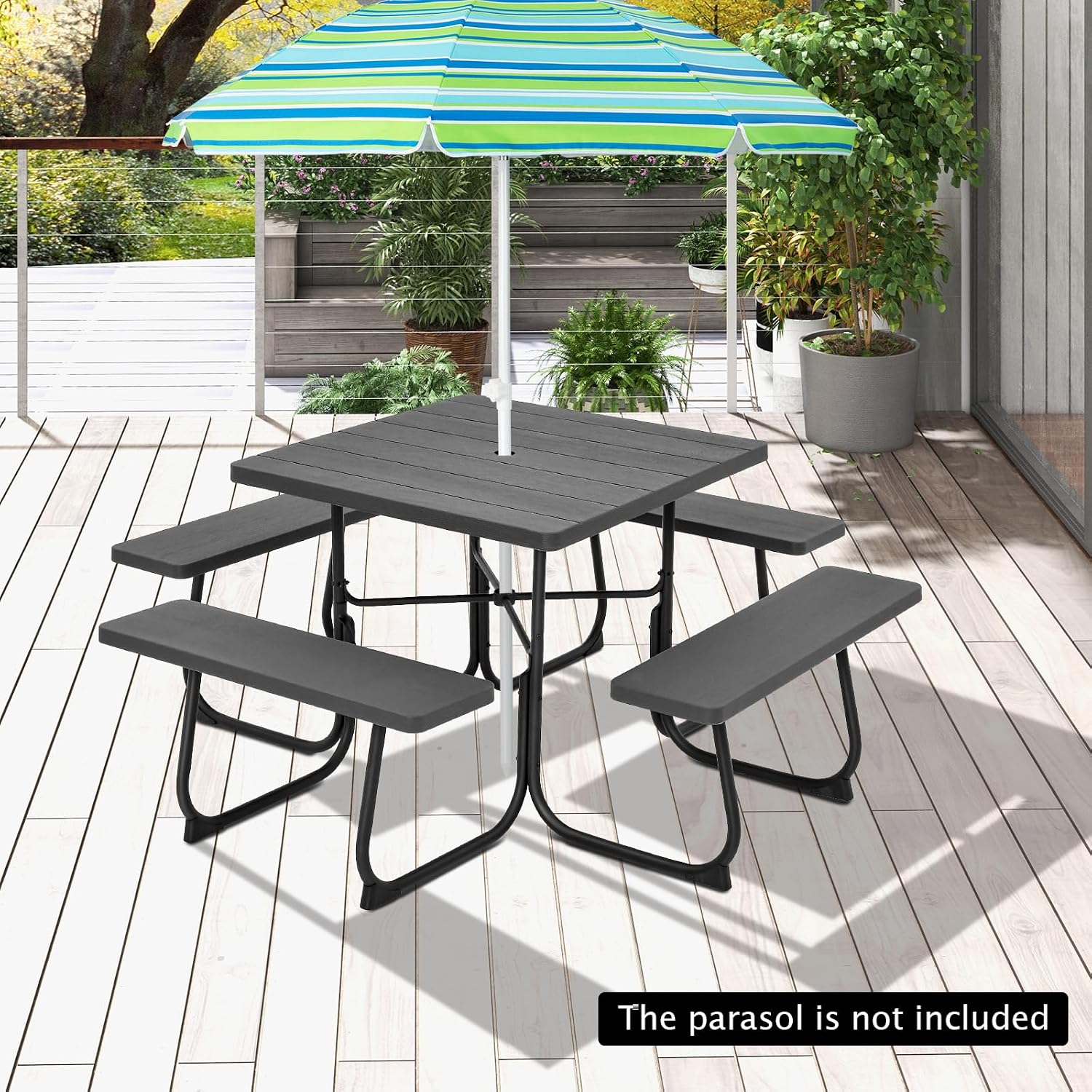 Giantex Picnic Table Bench Set for 8 Persons, Square Outdoor Table with Umbrella Hole, HDPE Top & Metal Frame, 2000LBS Capacity, Patio Table Bench Set for Deck Backyard Garden, Black