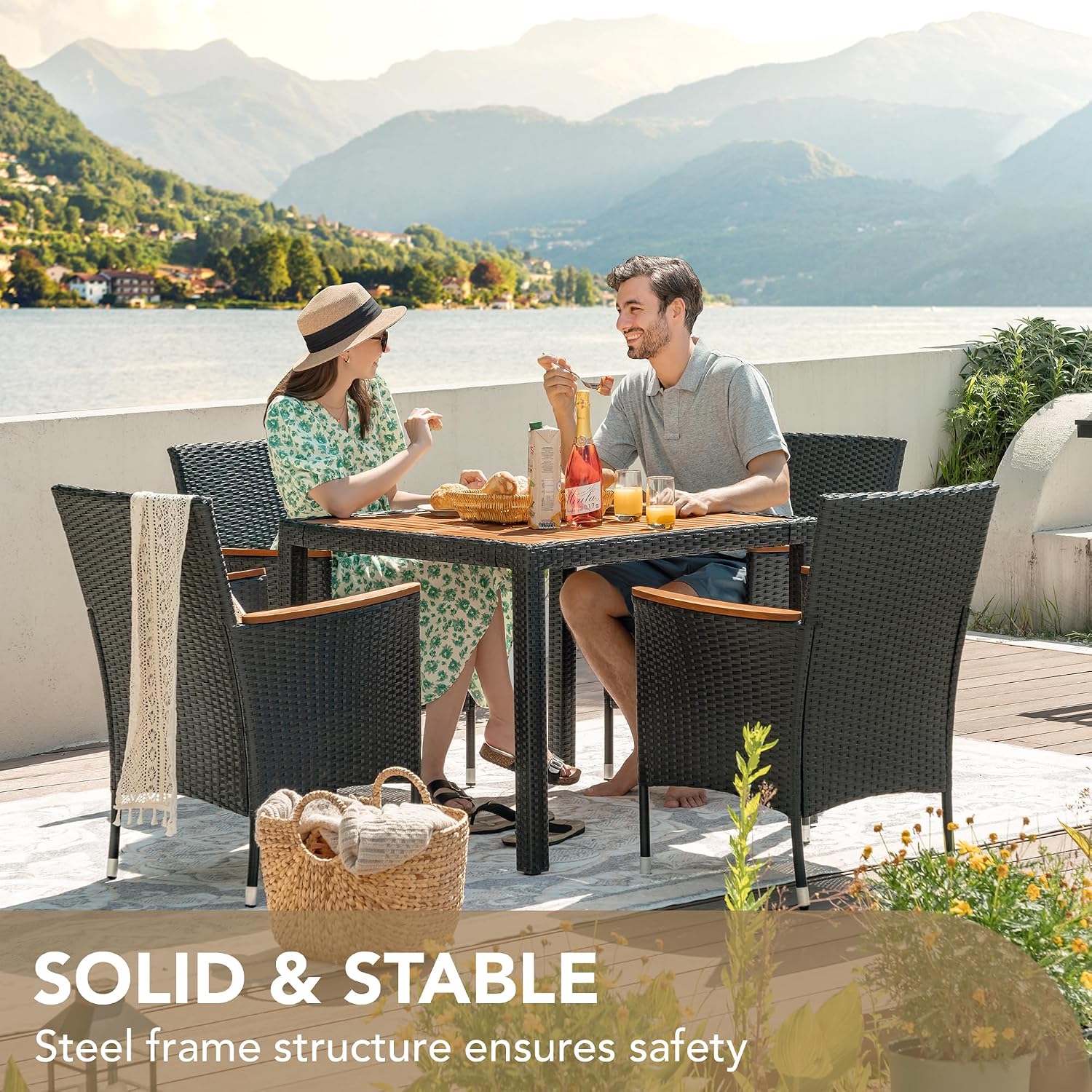 Devoko 5 PCS Furniture, Patio Conversation Set with Acacia Wood Top, Rattan Outdoor Dining Table and Chairs for Backyard, Garden, Deck, Black