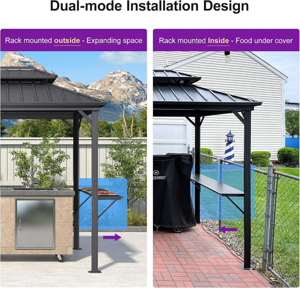 PURPLE LEAF 6' X 8' Hardtop Grill Gazebo for Patio Permanent Aluminum Barbeque Shelter Canopy with Ceiling Hook and Shelves Double Tiered Grey Outdoor BBQ Gazebo