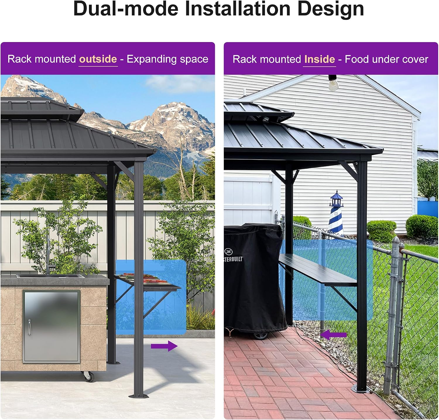 PURPLE LEAF 6.5' X 10' Hardtop Grill Gazebo for Patio Permanent Aluminum Barbeque Shelter Gazebo Canopy with Ceiling Hook and Shelves Double Tiered Grey Outdoor BBQ