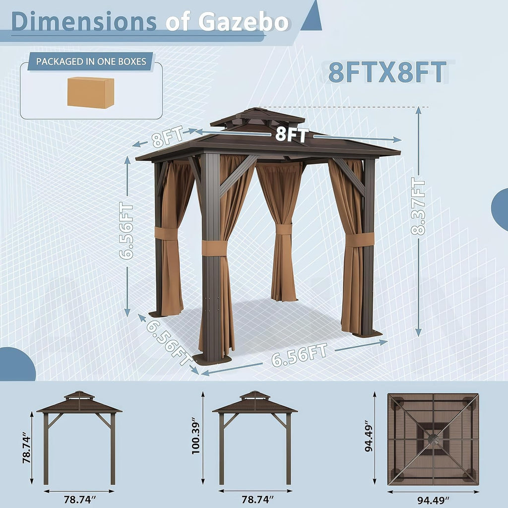 Aoxun 8'x 8' Hardtop Gazebo, Outdoor Polycarbonate Double Top Canopy, Aluminum Frame Gazebo with Netting and Curtains, Sunshade for Gardens, Patios, Lawns, Brown