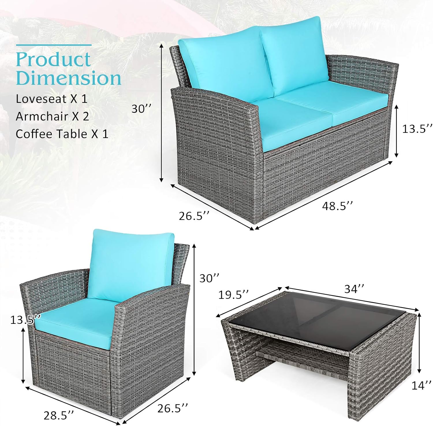 COSTWAY 4 Pieces Patio Rattan Furniture Set, Outdoor Wicker Sofa Set with Tempered Glass Coffee Table, Cushions, All Weather Rattan Conversation Set for Yard Balcony Backyard Pool (Turquoise)