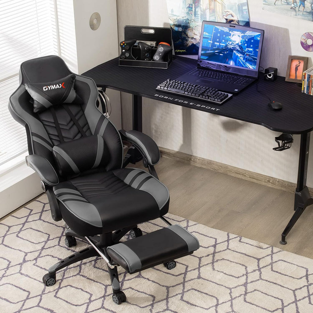 GYMAX Gaming Chair, Ergonomic Computer Chair with Footrest, Linkage Armrests & Lumbar Cushion, Big Wide High Back Video Gaming Chair, Reclining Office Rolling Chair for Adult/Teens (Gray)