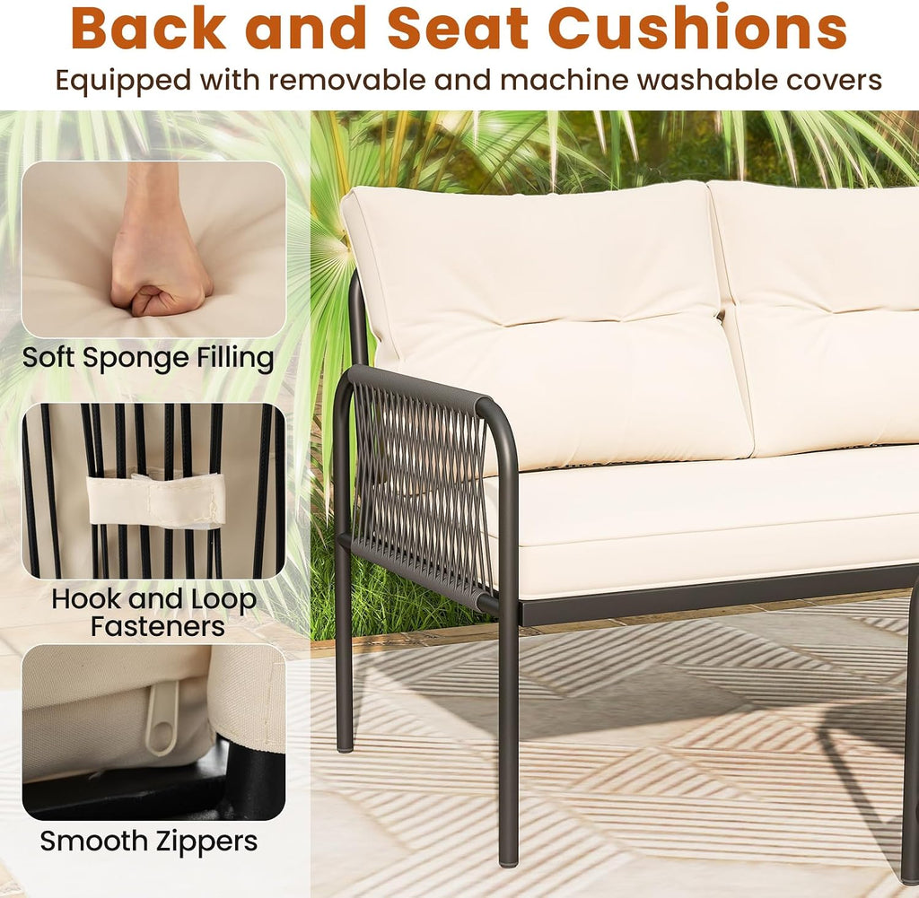 Tangkula 3-Piece L Shaped Patio Furniture Set, PE Rattan Sectional Sofas with Tempered Glass Table, Back and Seat Cushions, Outdoor Conversation Set for Porch, Backyard and Poolside
