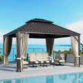 SUNSHINE VALLEY 12'x14' Hardtop Gazebo, Permanent Aluminum Outdoor Gazebo with Galvanized Steel Double Roof & Gutter System, Heavy Duty Patio Pavilion Canopy with Netting and Curtains for Deck, Garden