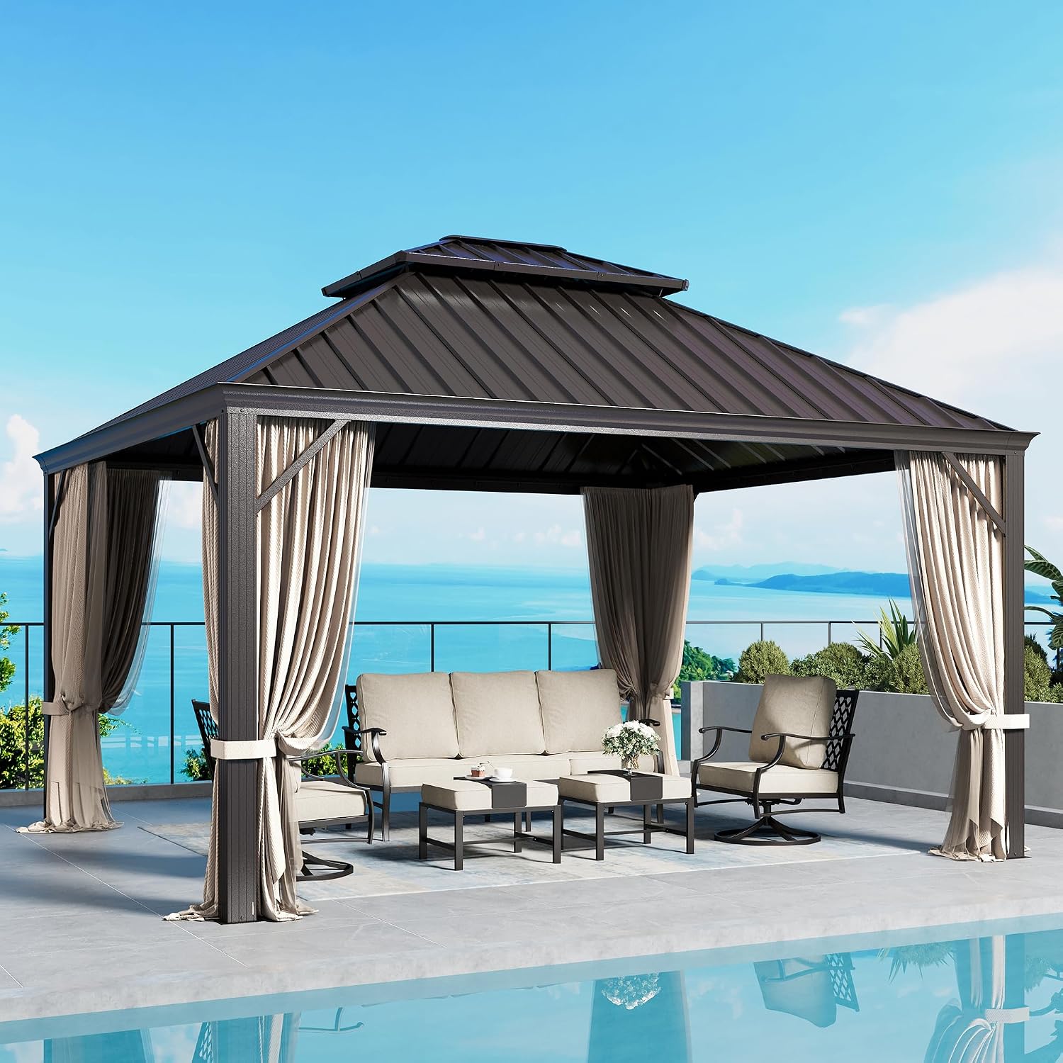 SUNSHINE VALLEY 12'x14' Hardtop Gazebo, Permanent Aluminum Outdoor Gazebo with Galvanized Steel Double Roof & Gutter System, Heavy Duty Patio Pavilion Canopy with Netting and Curtains for Deck, Garden