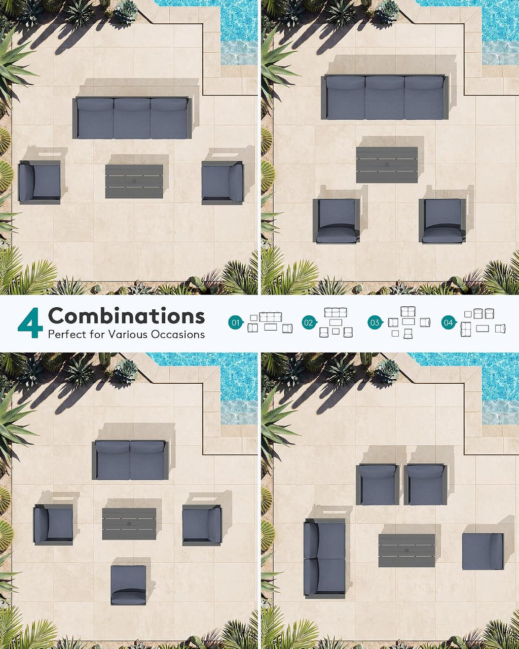 SERWALL HDPE Patio Conversation Set, 6-piece Sectional Outdoor Furniture Set, All Weather Outdoor Couch Set Patio Furniture Set for Deck, Lawn, Grey Frame with Grey Cushion