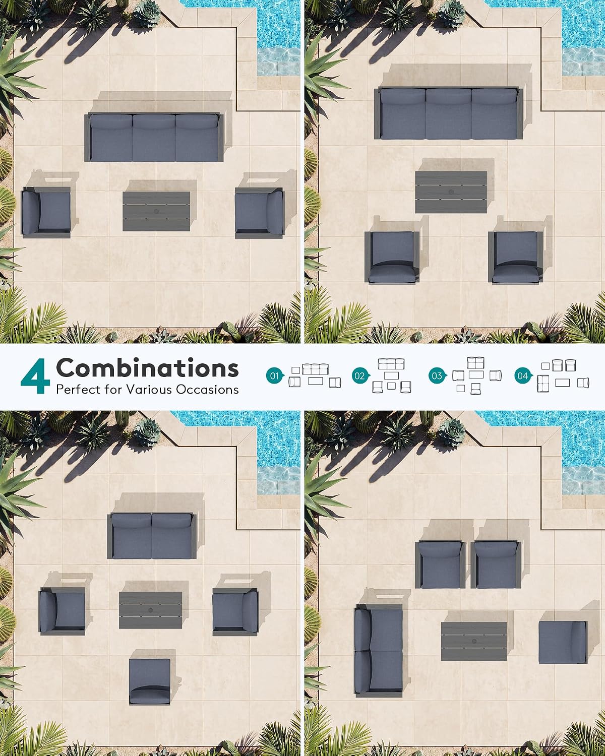 SERWALL HDPE Patio Conversation Set, 6-piece Sectional Outdoor Furniture Set, All Weather Outdoor Couch Set Patio Furniture Set for Deck, Lawn, Grey Frame with Grey Cushion
