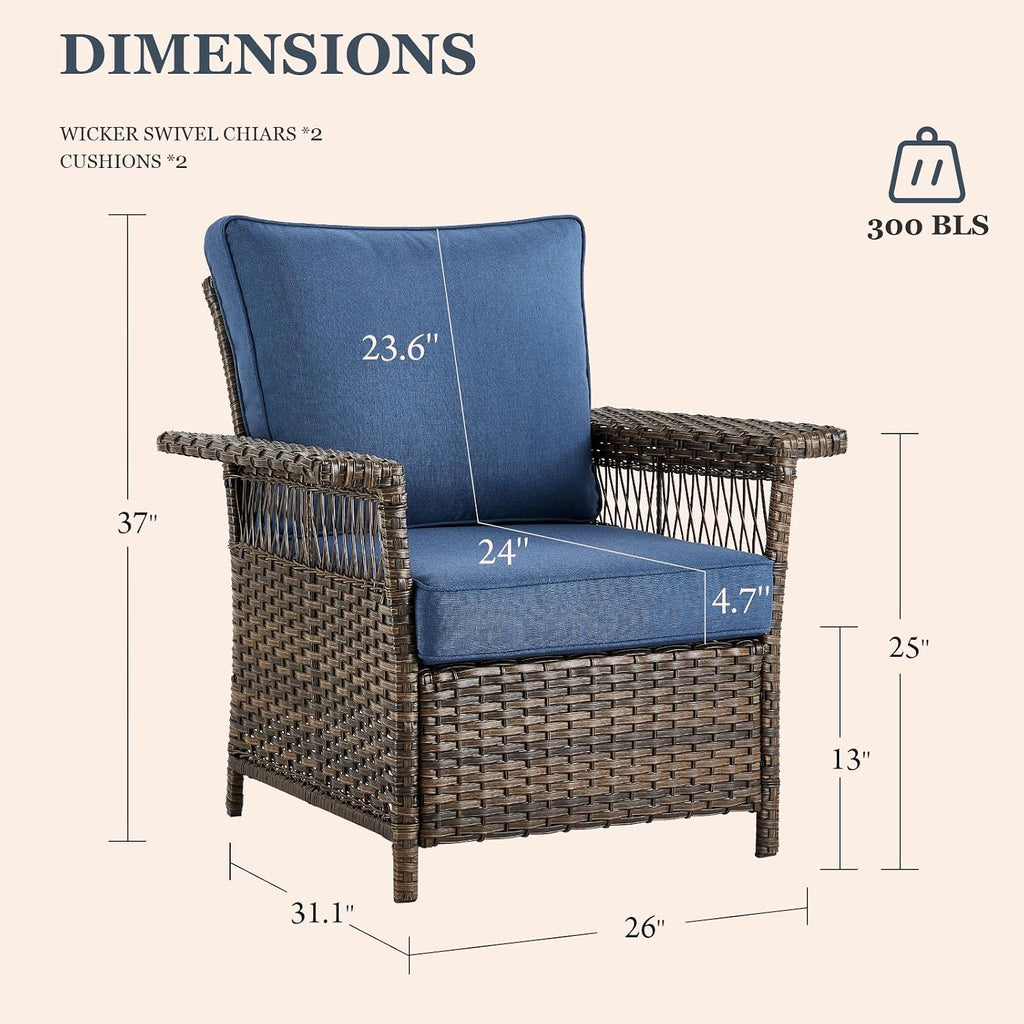 Patio Furniture Set 2 Wicker Patio Chairs with 2 PE Rattan Ottomans Brown Wicker Blue Cushions Patio Conversation Set 4pcs for Garden Balcony Sunroom Backyard Poolside
