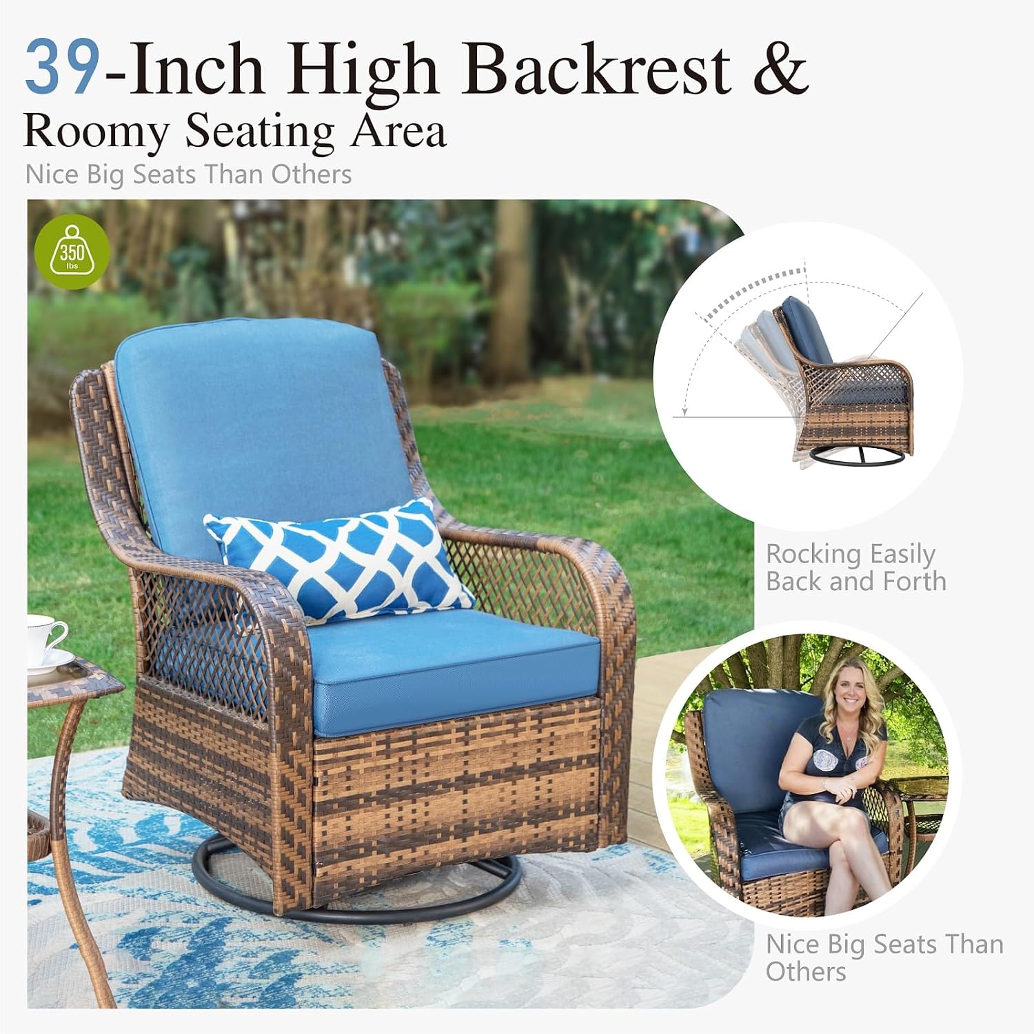 PHI VILLA Oversized Outdoor Swivel Rocker Chairs Set 3 Piece with 1 Table and 2 Rocking & Swivel Chairs Support 350lbs Navy Blue Wicker Outdoor Furniture Patio Conversation Set