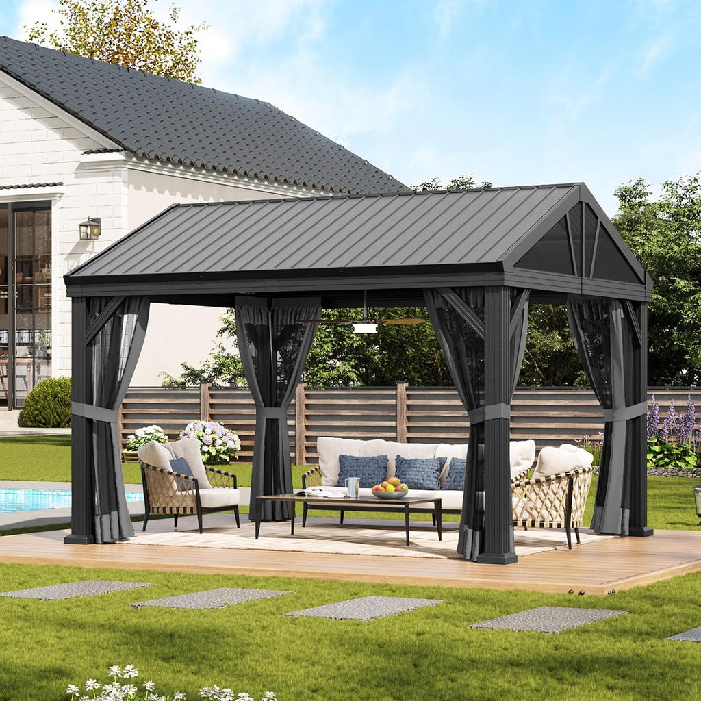 Aoxun 10' X 12' Hardtop Gazebo, Aluminum Outdoor Gazebo with Galvanized Steel Gable Roof Canopy, Patio Permanent Metal Pavilion with Netting, for Garden, Backyard, Deck, Square Foundation