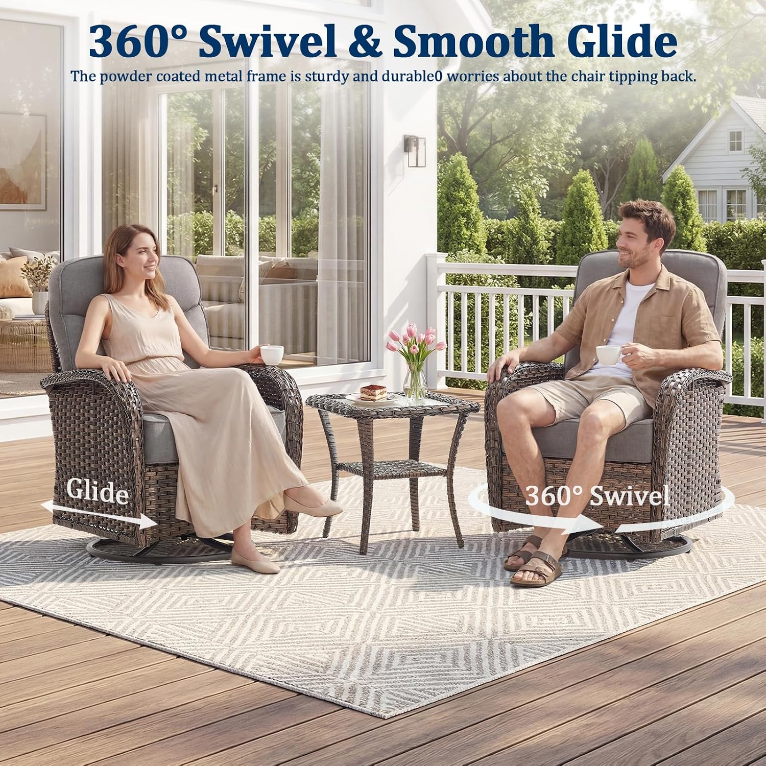 Outdoor Swivel Rocking Chair Patio Set (3-Piece), High-Back - Thick Cushion Swivel Rocking Chair Patio Set, All-Weather Wicker Patio Furniture Set, Suitable for Balcony Patios, Brown/Gery