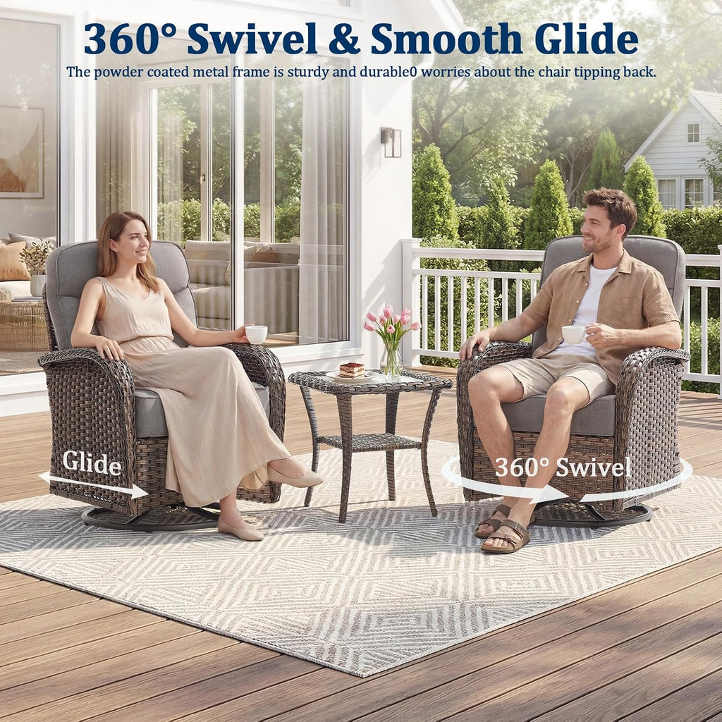 Outdoor Swivel Rocking Chair Patio Set (5-Piece), High-Back - Thick Cushion Swivel Rocking Chair Patio Set, All-Weather Wicker Patio Furniture Set, Suitable for Balcony Patios, Brown/Gery