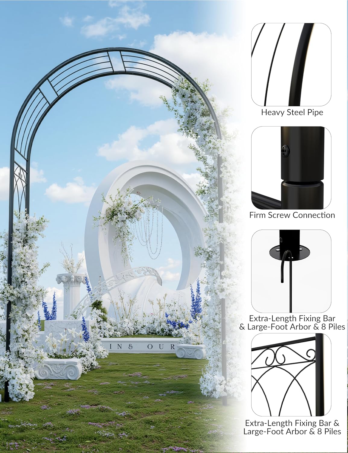 8FT Heavy-Duty Garden Arch - Rustproof Metal Trellis for Climbing Plants, Easy Assembly Wedding Arbor for Outdoor Decor, Wide Black Archway for Roses, Vines & Bridal Parties